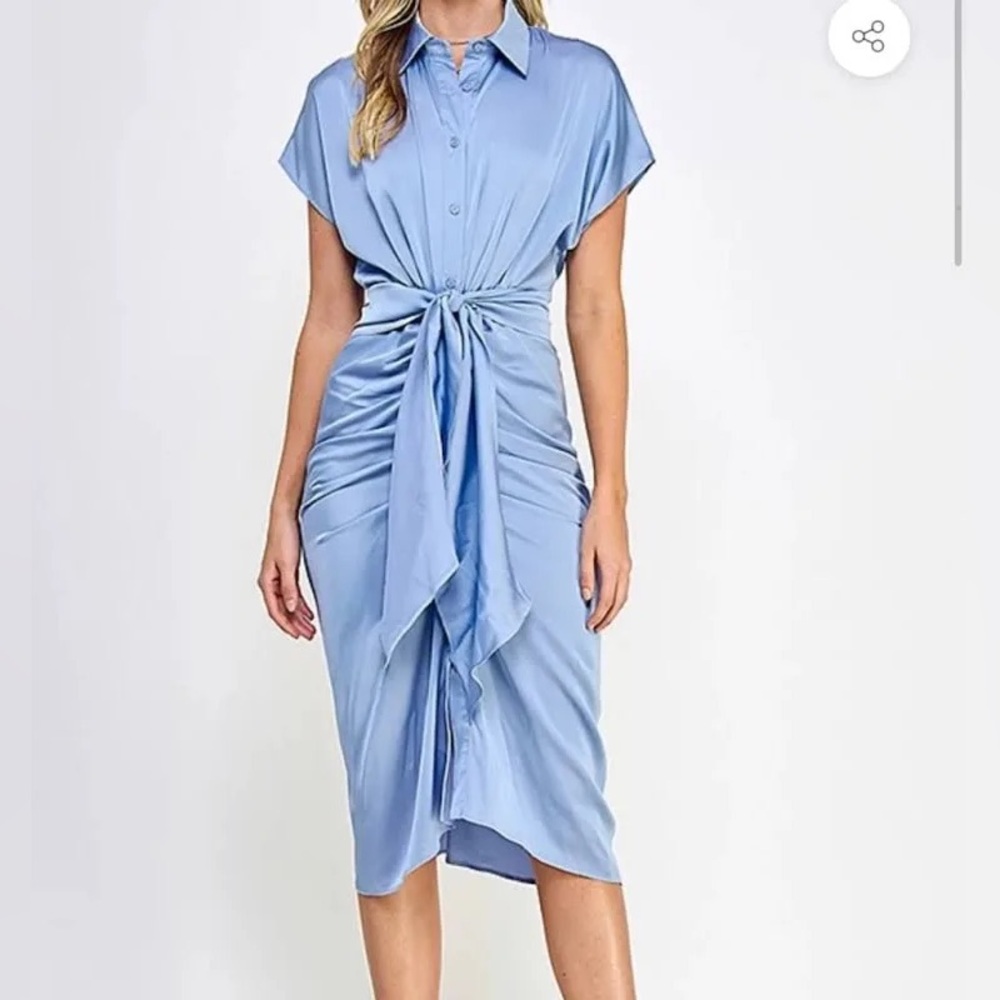 DO+BE Sky Blue Button-Front Tie-Waist Midi Dress